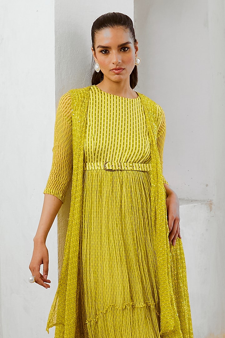 Lemon Green Silk Blend & Chiffon Printed Midi Jacket Vacation Dress by Pallavi Jaipur at Pernia's Pop Up Shop