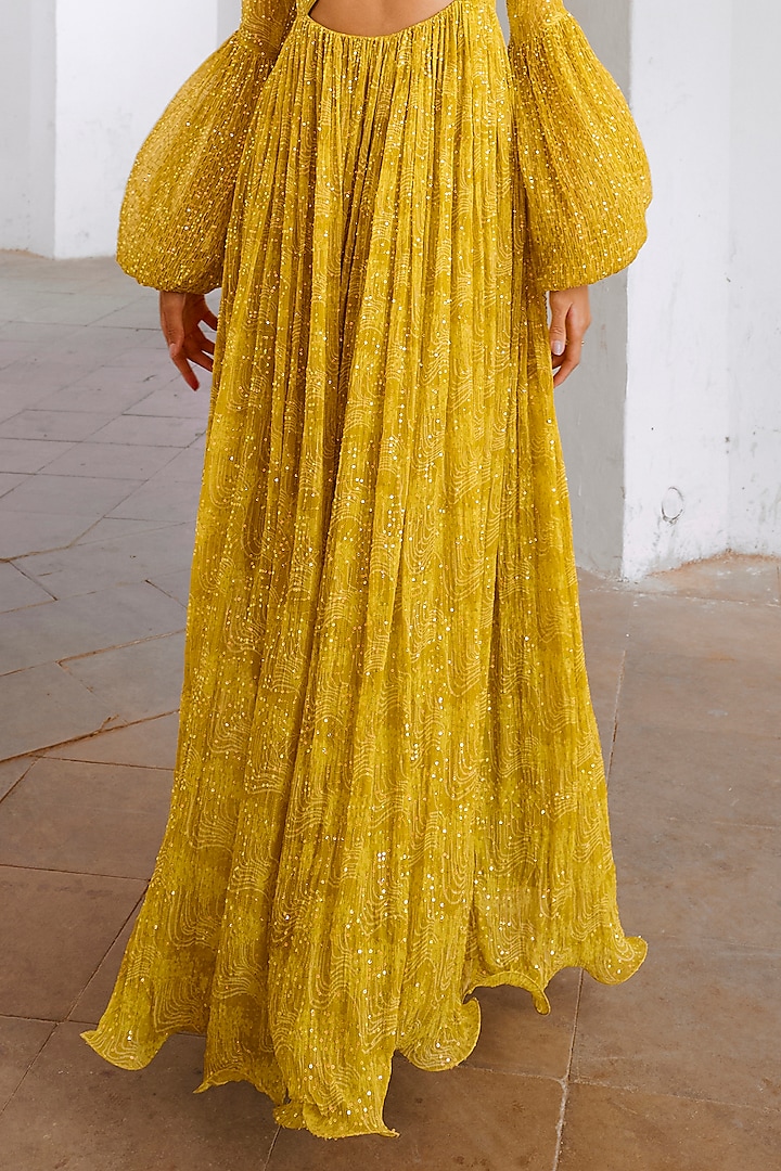 Lemon Green Chiffon Floral Printed & Sequins Work Maxi Vacation Dress by Pallavi Jaipur at Pernia's Pop Up Shop