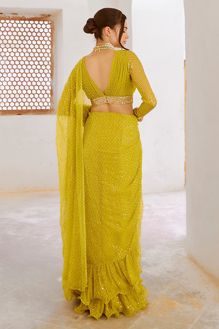 Lemon Green Chiffon Printed & Sequins Work Draped Wedding Saree Set by Pallavi Jaipur at Pernia's Pop Up Shop