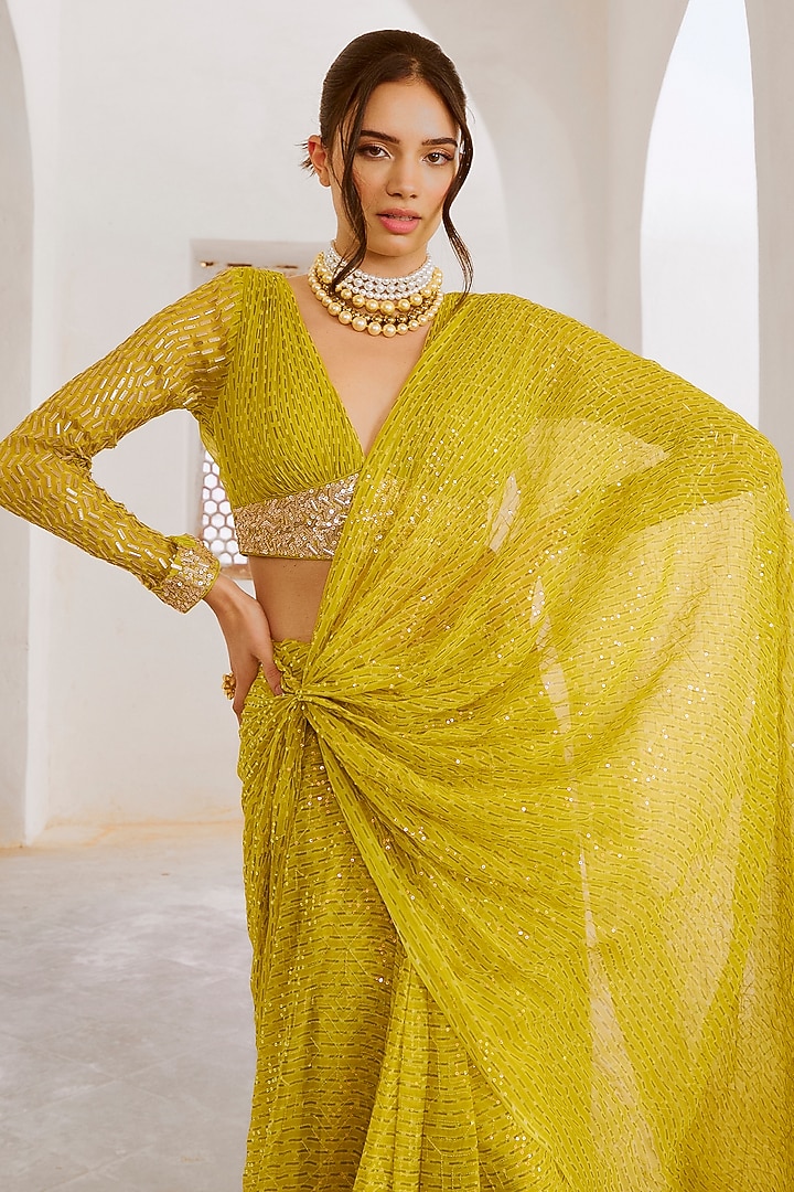 Lemon Green Chiffon Printed & Sequins Work Draped Wedding Saree Set by Pallavi Jaipur at Pernia's Pop Up Shop