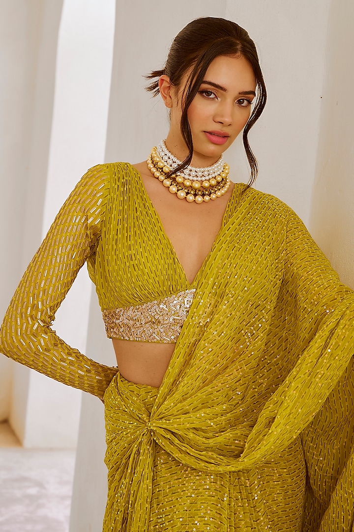 Lemon Green Chiffon Printed & Sequins Work Draped Wedding Saree Set by Pallavi Jaipur at Pernia's Pop Up Shop
