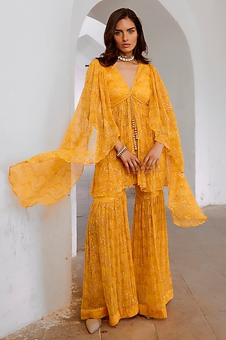 Marigold Yellow Chiffon Printed Sharara Set by Pallavi Jaipur
