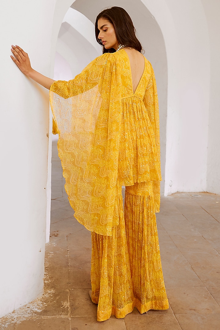 Marigold Yellow Chiffon Printed Party Wear Sharara Set by Pallavi Jaipur at Pernia's Pop Up Shop