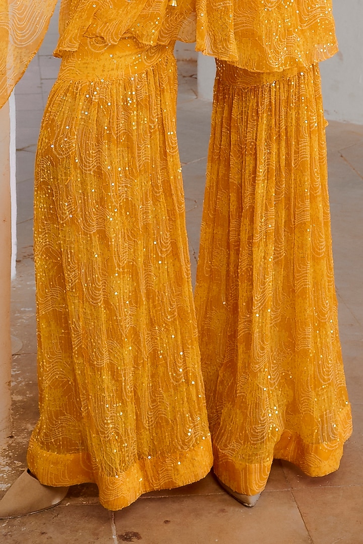 Marigold Yellow Chiffon Printed Party Wear Sharara Set by Pallavi Jaipur at Pernia's Pop Up Shop