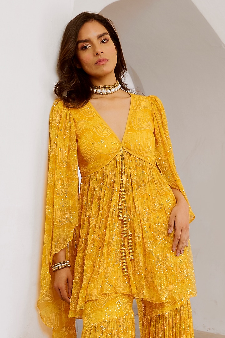 Marigold Yellow Chiffon Printed Party Wear Sharara Set by Pallavi Jaipur at Pernia's Pop Up Shop
