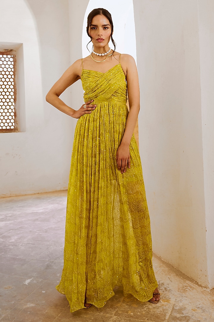 Lemon Green Chiffon Floral Printed Maxi Dress by Pallavi Jaipur at Pernia's Pop Up Shop