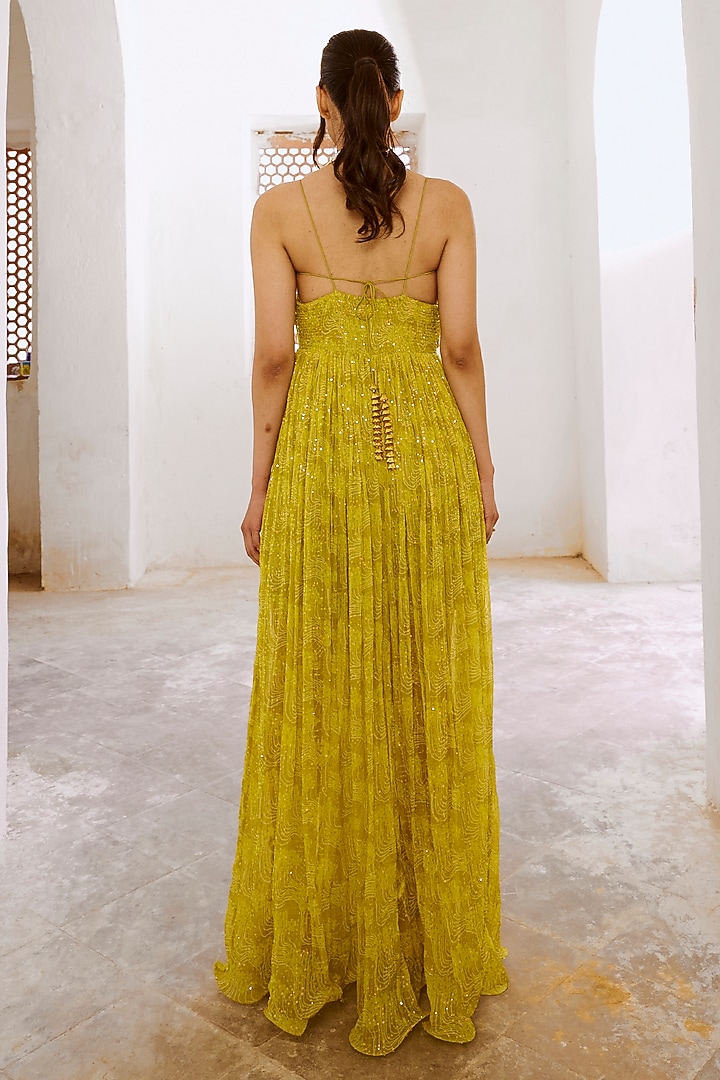Lemon Green Chiffon Floral Printed Maxi Vacation Dress by Pallavi Jaipur at Pernia's Pop Up Shop