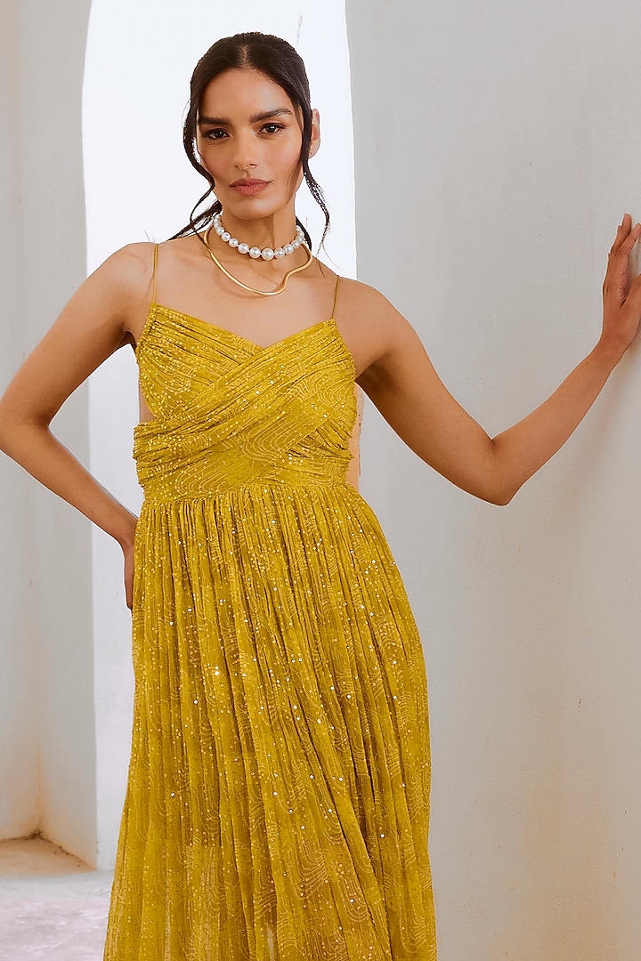 Lemon Green Chiffon Floral Printed Maxi Vacation Dress by Pallavi Jaipur at Pernia's Pop Up Shop