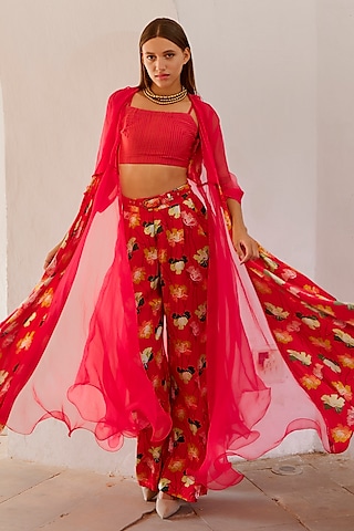 Chilly Red Organza & Silk Blend Printed Jacket Set by Pallavi Jaipur