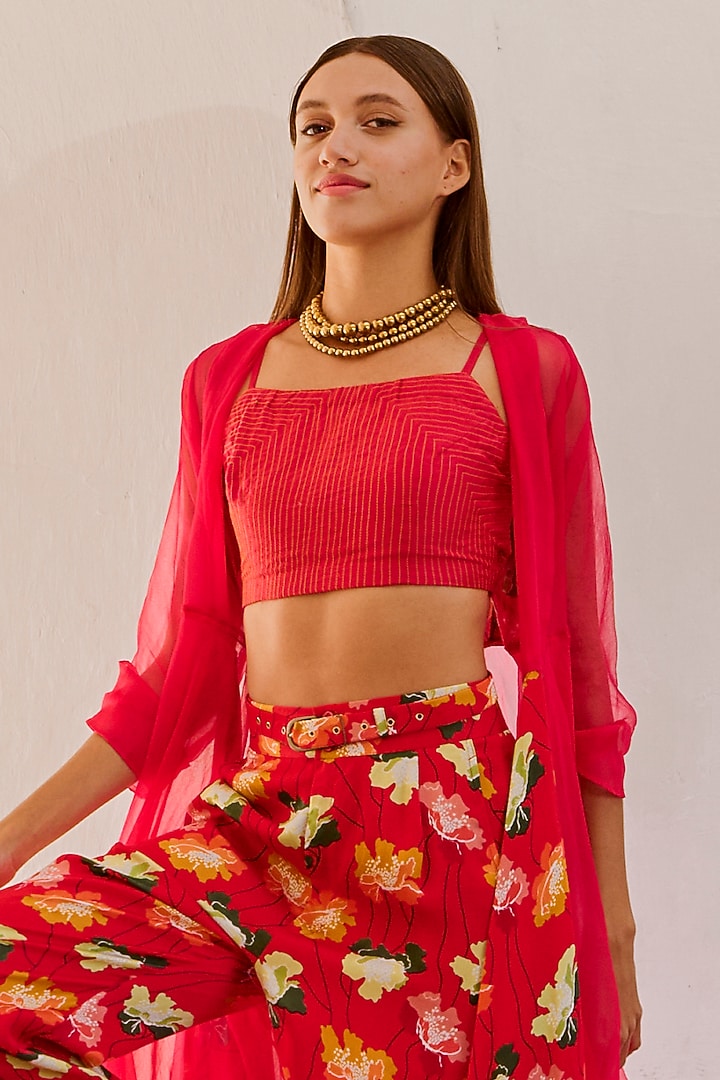 Chilly Red Organza & Silk Blend Printed Jacket Set by Pallavi Jaipur at Pernia's Pop Up Shop