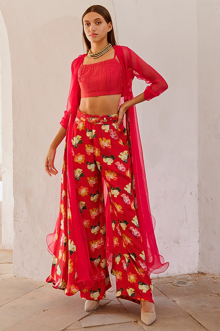 Chilly Red Organza & Silk Blend Printed Jacket Set by Pallavi Jaipur at Pernia's Pop Up Shop