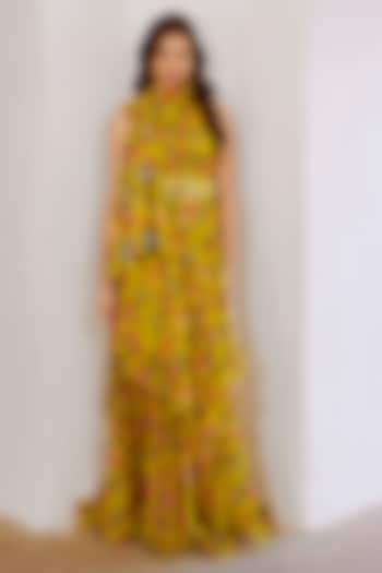 Green Chiffon Printed Double Layered Maxi Dress by Pallavi Jaipur at Pernia's Pop Up Shop