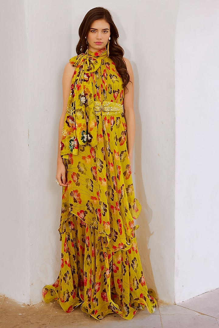 Green Chiffon Printed Double Layered Maxi Dress by Pallavi Jaipur at Pernia's Pop Up Shop