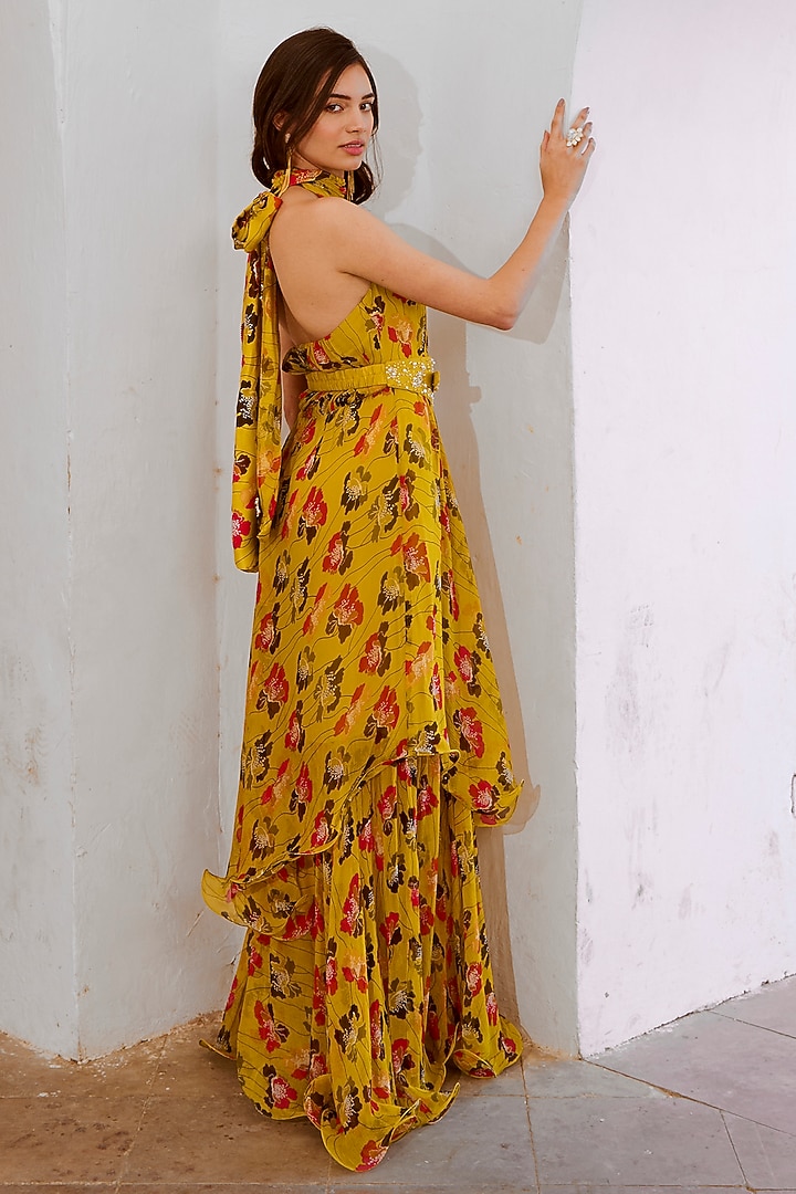 Green Chiffon Printed Double Layered Maxi Cocktail Dress by Pallavi Jaipur at Pernia's Pop Up Shop
