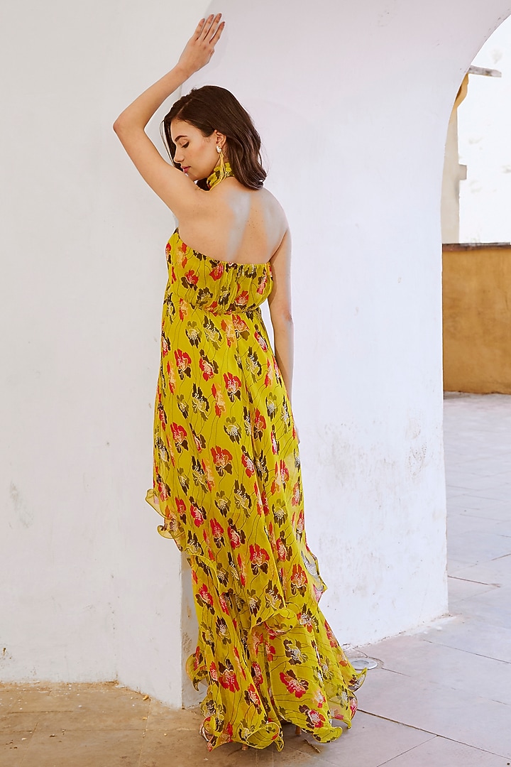 Green Chiffon Printed Double Layered Maxi Cocktail Dress by Pallavi Jaipur at Pernia's Pop Up Shop
