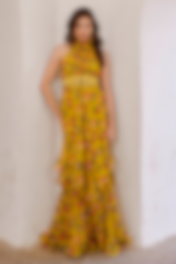 Green Chiffon Printed Double Layered Maxi Dress by Pallavi Jaipur at Pernia's Pop Up Shop