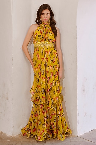 Green Chiffon Printed Double Layered Maxi Dress by Pallavi Jaipur