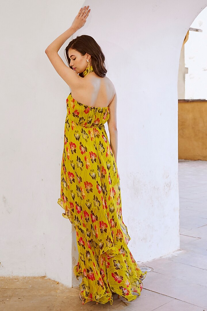 Green Chiffon Printed Double Layered Maxi Vacation Dress by Pallavi Jaipur at Pernia's Pop Up Shop