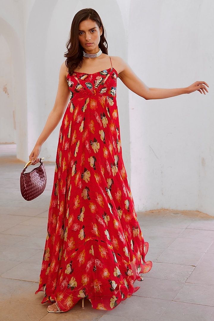 Chilly Red Chiffon Printed Pearl Embroidered Corset Maxi Dress by Pallavi Jaipur at Pernia's Pop Up Shop