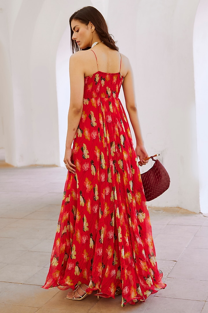 Chilly Red Chiffon Printed Pearl Embroidered Corset Maxi Vacation Dress by Pallavi Jaipur at Pernia's Pop Up Shop