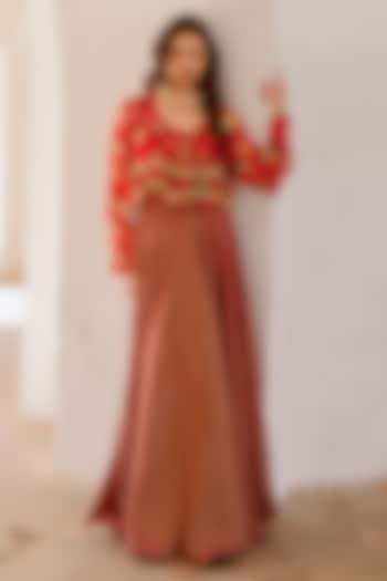 Red Silk Blend Flared Skirt Set by Pallavi Jaipur at Pernia's Pop Up Shop