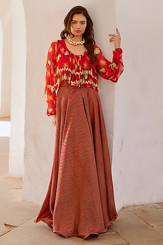 Red Silk Blend Flared Skirt Set by Pallavi Jaipur