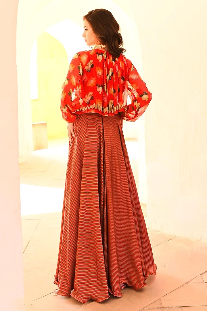 Red Silk Blend Flared Skirt Set by Pallavi Jaipur at Pernia's Pop Up Shop