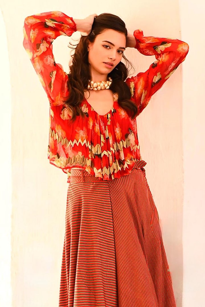 Red Silk Blend Flared Skirt Set by Pallavi Jaipur at Pernia's Pop Up Shop
