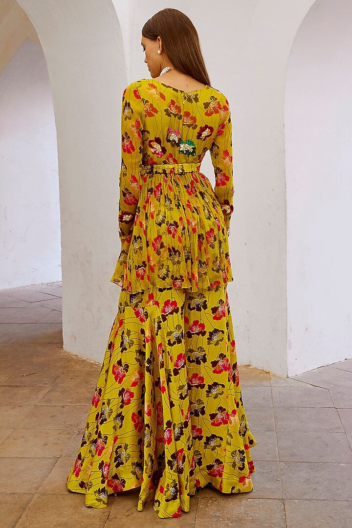 Green Silk Blend Printed Wedding Sharara Set by Pallavi Jaipur at Pernia's Pop Up Shop