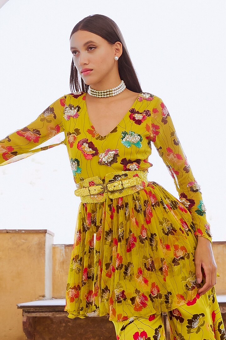Green Silk Blend Printed Wedding Sharara Set by Pallavi Jaipur at Pernia's Pop Up Shop