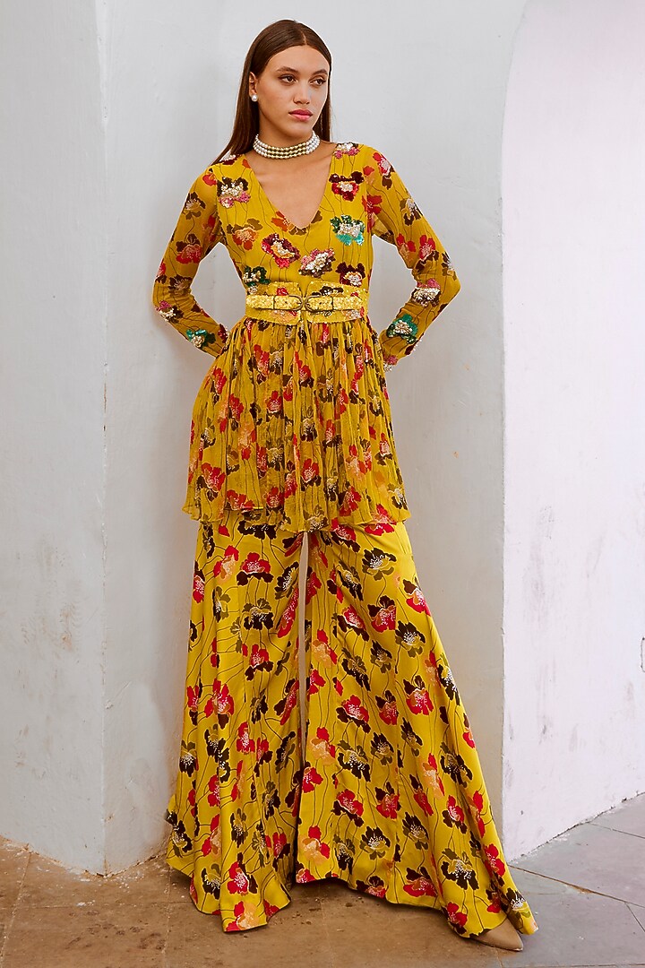 Green Silk Blend Printed Wedding Sharara Set by Pallavi Jaipur at Pernia's Pop Up Shop