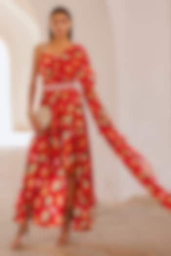 Chilly Red Chiffon Printed Draped Dress With Belt by Pallavi Jaipur at Pernia's Pop Up Shop