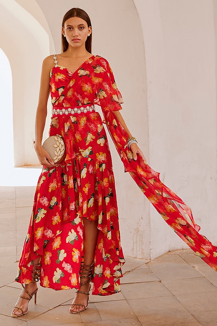 Chilly Red Chiffon Printed Draped Dress With Belt by Pallavi Jaipur at Pernia's Pop Up Shop