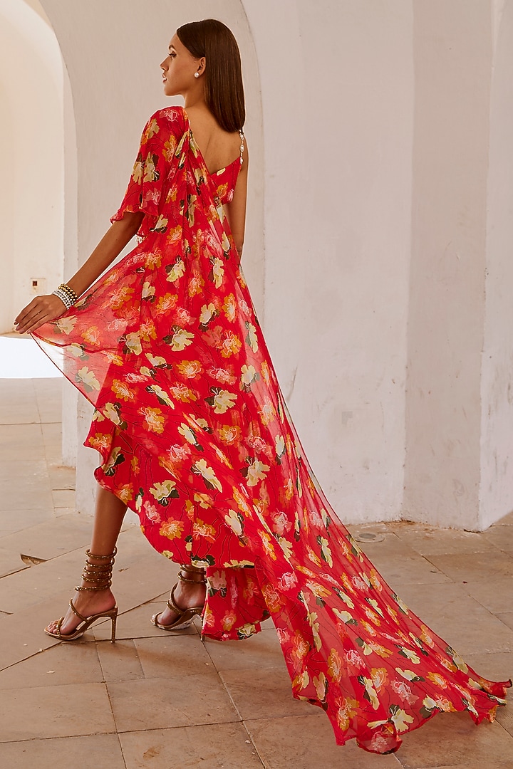 Chilly Red Chiffon Printed Draped Vacation Dress With Belt by Pallavi Jaipur at Pernia's Pop Up Shop