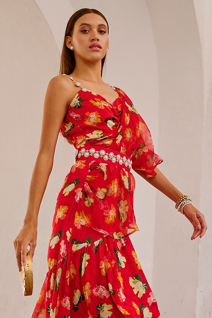 Chilly Red Chiffon Printed Draped Vacation Dress With Belt by Pallavi Jaipur at Pernia's Pop Up Shop