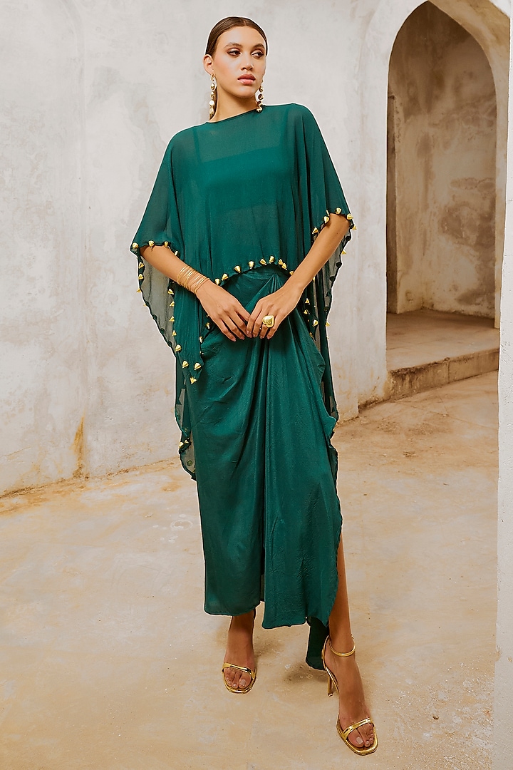 Bottle Green Summer Silk Draped Skirt Set by Pallavi Jaipur at Pernia's Pop Up Shop