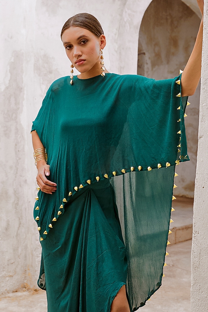Bottle Green Summer Silk Draped Skirt Set by Pallavi Jaipur at Pernia's Pop Up Shop