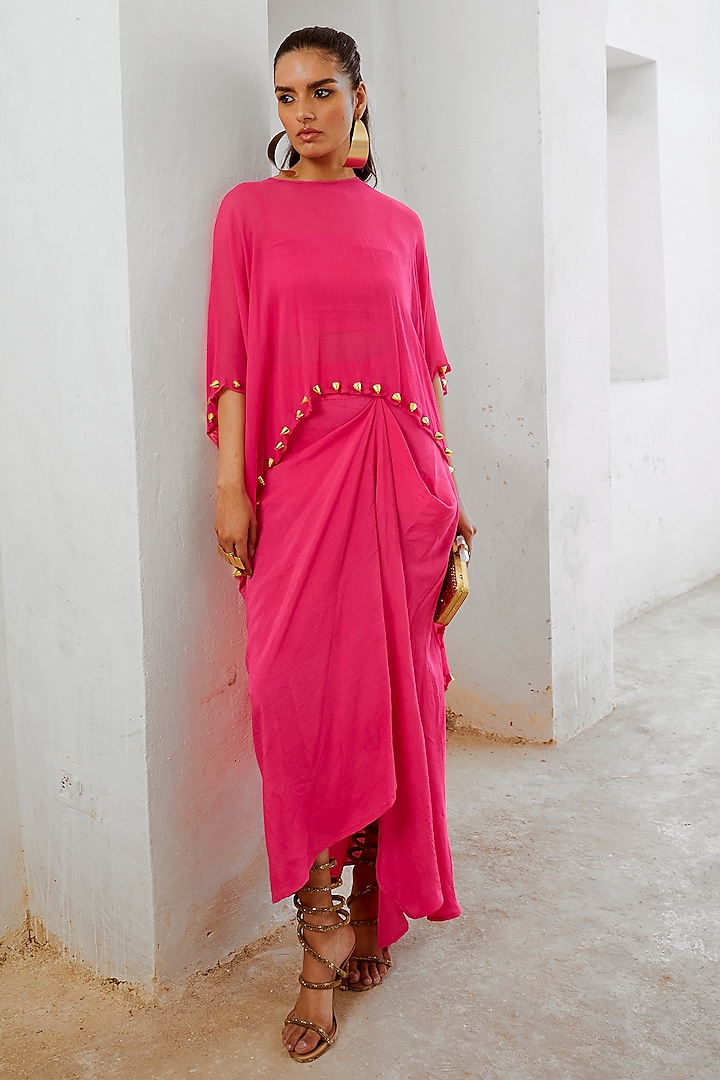 Hot Pink Summer Silk Draped Skirt Set by Pallavi Jaipur at Pernia's Pop Up Shop