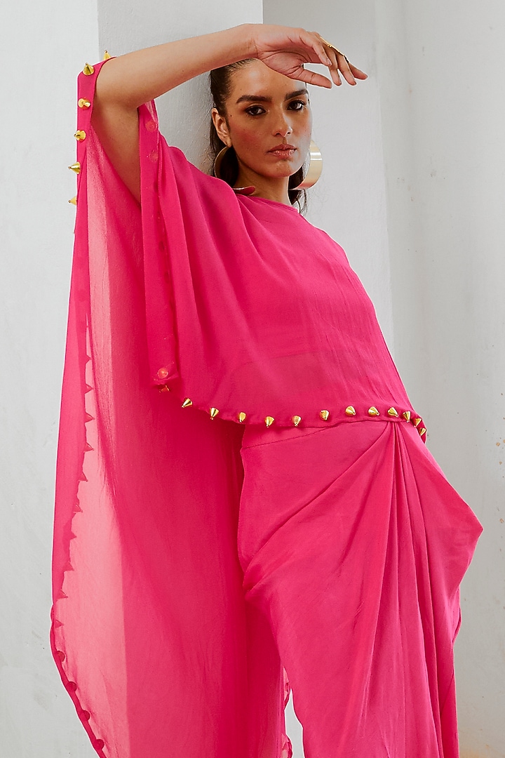 Hot Pink Summer Silk Draped Skirt Set by Pallavi Jaipur at Pernia's Pop Up Shop