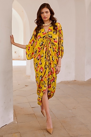 Green Silk Blend Printed Kaftan Dress by Pallavi Jaipur