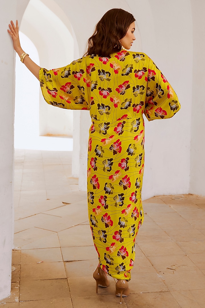 Green Silk Blend Printed Kaftan Vacation Dress by Pallavi Jaipur at Pernia's Pop Up Shop