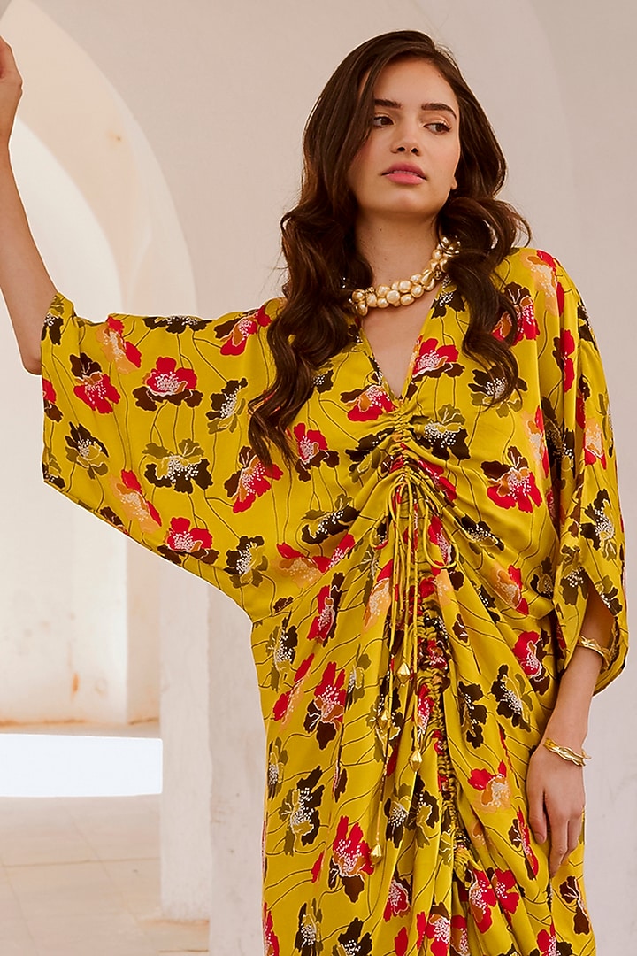 Green Silk Blend Printed Kaftan Vacation Dress by Pallavi Jaipur at Pernia's Pop Up Shop