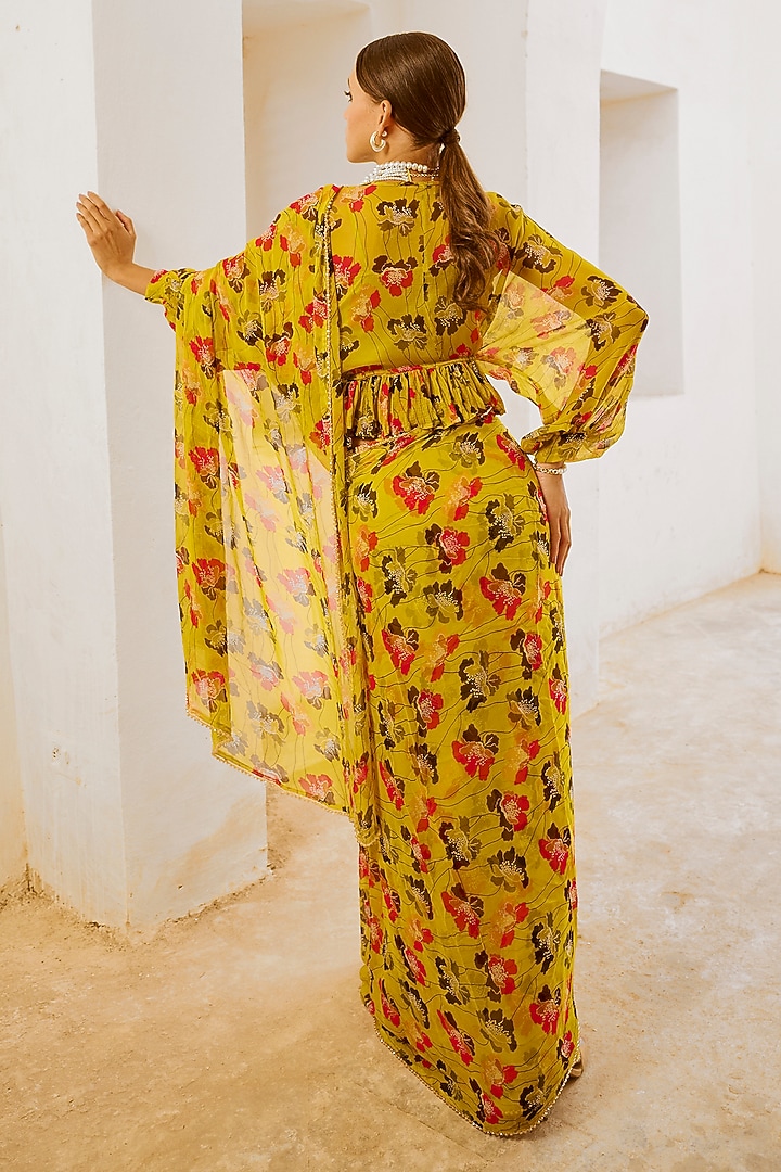 Green Chiffon Printed Party Wear Saree Set by Pallavi Jaipur at Pernia's Pop Up Shop