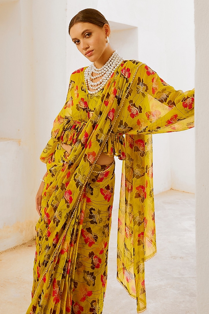 Green Chiffon Printed Party Wear Saree Set by Pallavi Jaipur at Pernia's Pop Up Shop