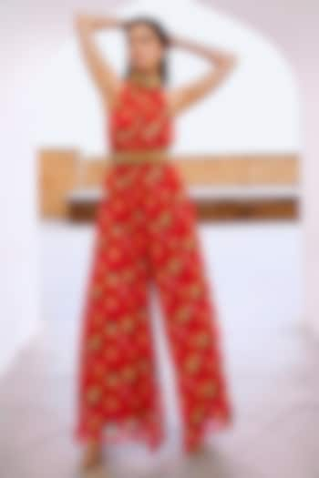 Chilly Red Chiffon Printed Jumpsuit With Belt by Pallavi Jaipur at Pernia's Pop Up Shop