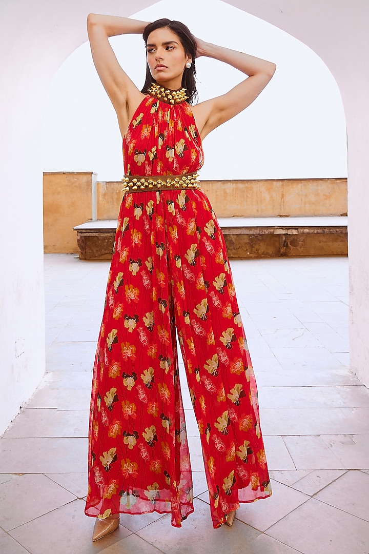 Chilly Red Chiffon Printed Jumpsuit With Belt by Pallavi Jaipur at Pernia's Pop Up Shop