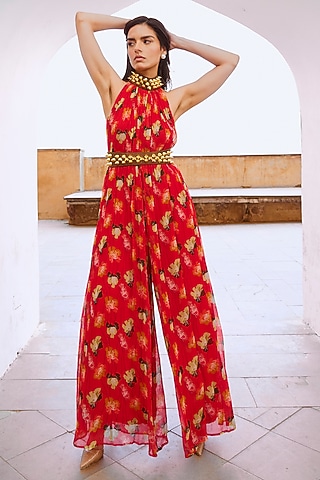 Chilly Red Chiffon Printed Jumpsuit With Belt by Pallavi Jaipur