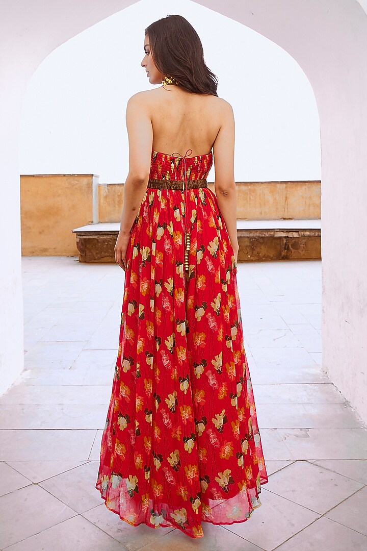 Chilly Red Chiffon Printed Jumpsuit With Belt by Pallavi Jaipur at Pernia's Pop Up Shop