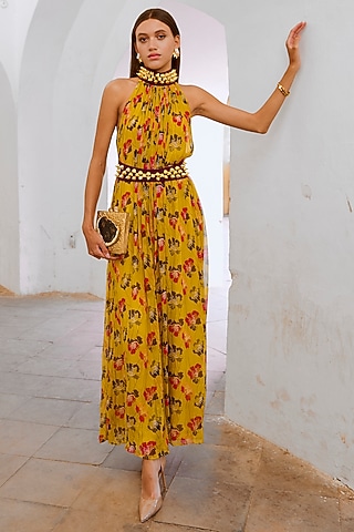 Green Chiffon Printed Jumpsuit With Belt by Pallavi Jaipur