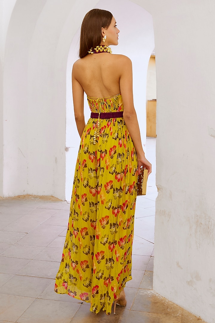 Green Chiffon Printed Jumpsuit With Belt by Pallavi Jaipur at Pernia's Pop Up Shop
